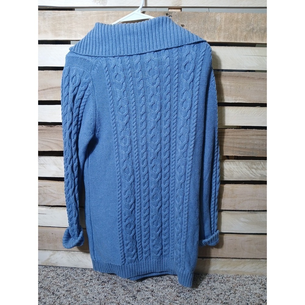 LL Bean Women's Blue Cotton Cable Knit Cardigan Sweater Size Medium Button Front - Picture 2 of 9